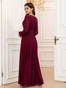 Vestido de dama de honor formal de gasa de manga larga hasta el suelo con corte evasé, color borgoña elegante, vestido de invitada de boda, mangas sin forro, primavera - Burdeos - Ver 2