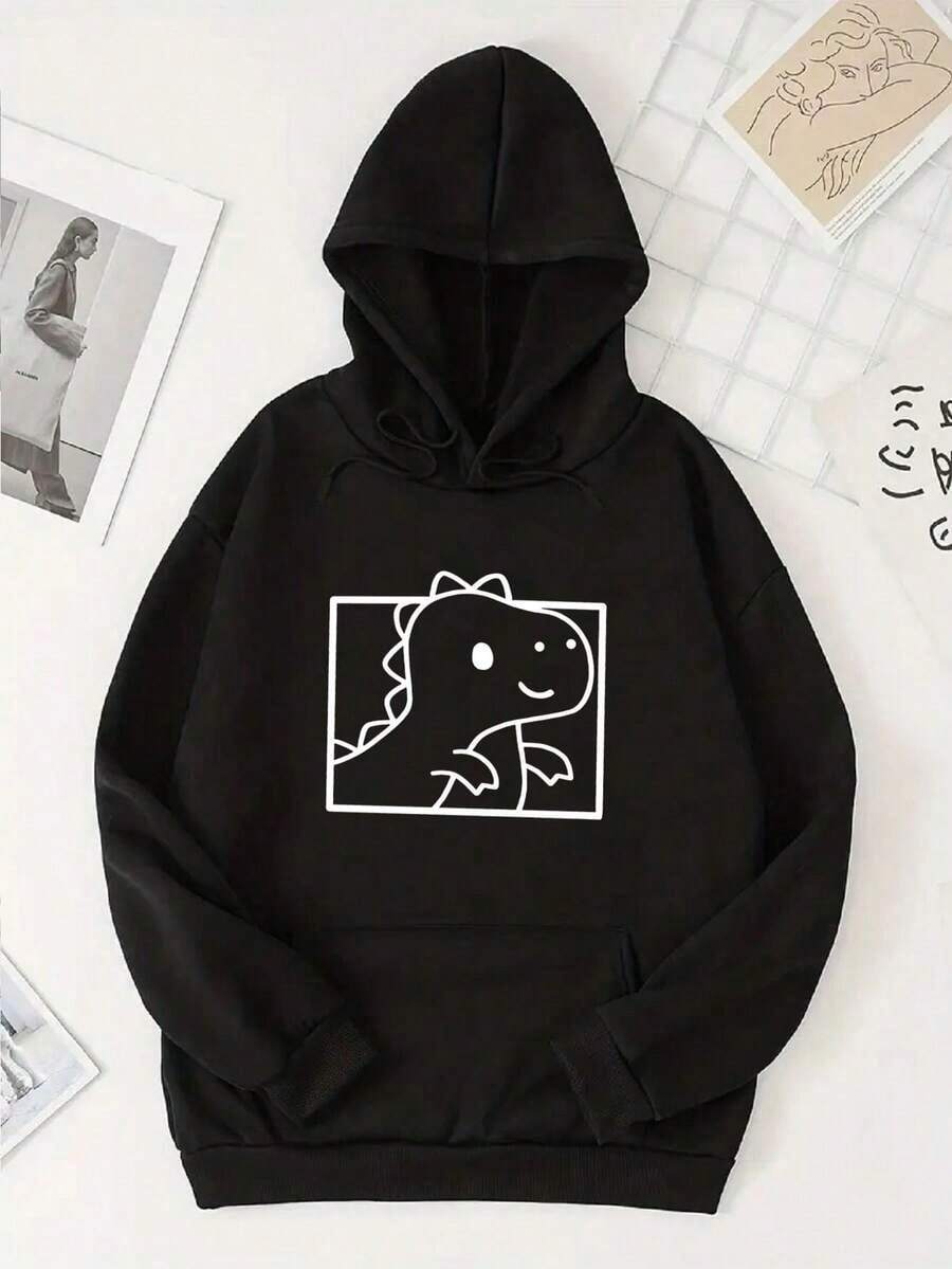 Sudadera con estampado de dibujos animados con forro térmico - Negro - Ver 1