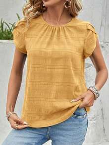 Blusa de manga corta con abertura en la espalda y manga estilo pétalo de unicolor, blusas de manga corta - Amarillo - Ver 4