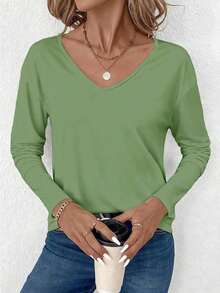 Camiseta de manga larga con cuello en V regular y estilo minimalista casual, adecuada para otoño/invierno - Verde - Ver 4