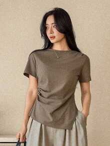 Camiseta de mujer con cuello polo de ajuste ceñido, estilo casual y holgado, ideal para primavera y verano, y para el Día de San Valentín - Caqui - Ver 4