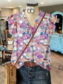 Camisa casual de mujer con estampado floral acuarela, estilo minimalista adecuado para el verano - Multicolor 6 - Ver 5