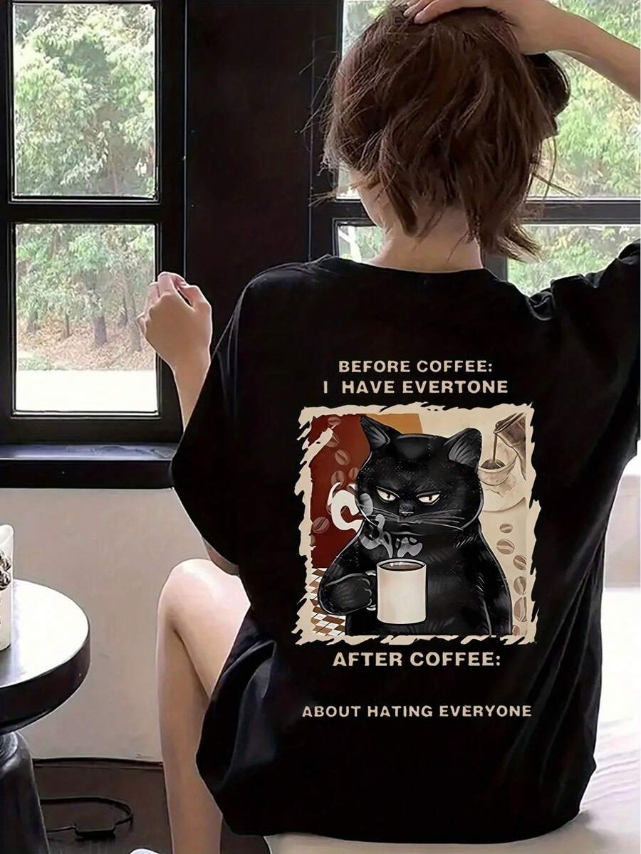 Camiseta de mujer de manga corta y cuello redondo con estampado de gato, un diseño veraniego moderno y a la moda, de corte holgado.Cómodo Ideal para todas las estaciones 6YTK - Negro - Ver 1
