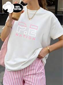 Women's 100% Cotton T-Shirt - PE Letter Print, Casual Short Sleeve Crew Neck, A Summer Essential For Everyday Wear, Easy And Comfortable Top, Machine Washable Basic Women's T-Shirt - [白色的] - 查看 6