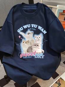 Women's Casual Summer T-Shirt - Cute Y2K Style, Light Blue With Adorable Cat Graphic, "Sweet Lucky Day" Design, Short Sleeve, Round Neck, Loose Fit, Perfect For Casual Wear, Cat T-Shirt. - 海軍藍 - 查看 1