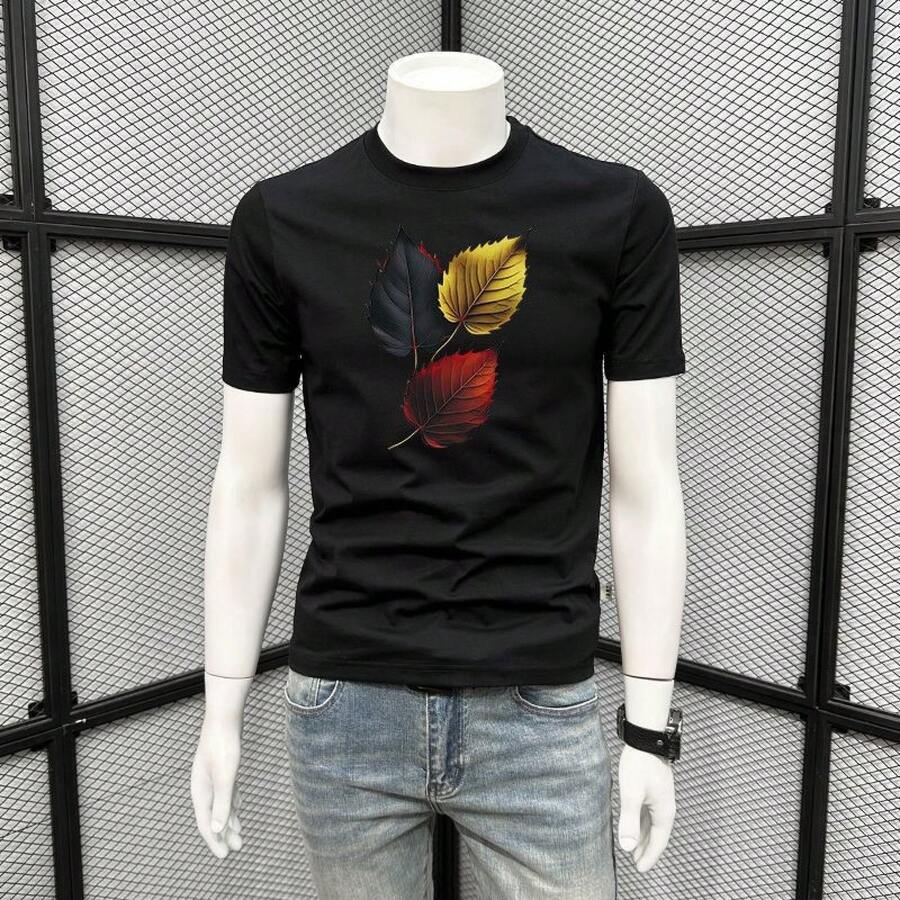 American Style Summer T-Shirt, Fashion Brand, Made Of High-Grammage Pure Cotton, Short Sleeve, Round Neck, Loose Fit, Versatile New Print Style For Men. - 黑色 - 查看 1