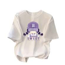 Girls' Cartoon Print Short Sleeve T-Shirt, New Summer Fashion 2026, Loose Fit, Plus Size, Slimming Effect, Covers The Belly, Unique Top. - 白色 - 查看 6
