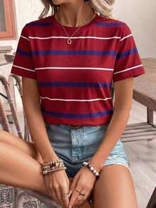 Frenchy Camiseta de mujer de manga corta, cuello redondo, a rayas, de estilo casual para el verano - Multicolor 4 - Ver 5