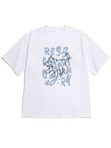 Custom Spring/Summer 2026 Short-Sleeved, Drop-Shoulder T-Shirt With A Modern, Simple Style Featuring A Black Line Illustration (With A Detail Of It Holding An Object) And A Combined Illustration Against A Light Blue English Text Background. This Comfortable And Soft Short-Sleeved T-Shirt Is Perfect For Everyday Wear For Those Who Love Modern, Understated Fashion. Unisex, Loose-Fitting, Cotton, Crew Neck, Urban Vintage Style. - 白色 - 查看 7