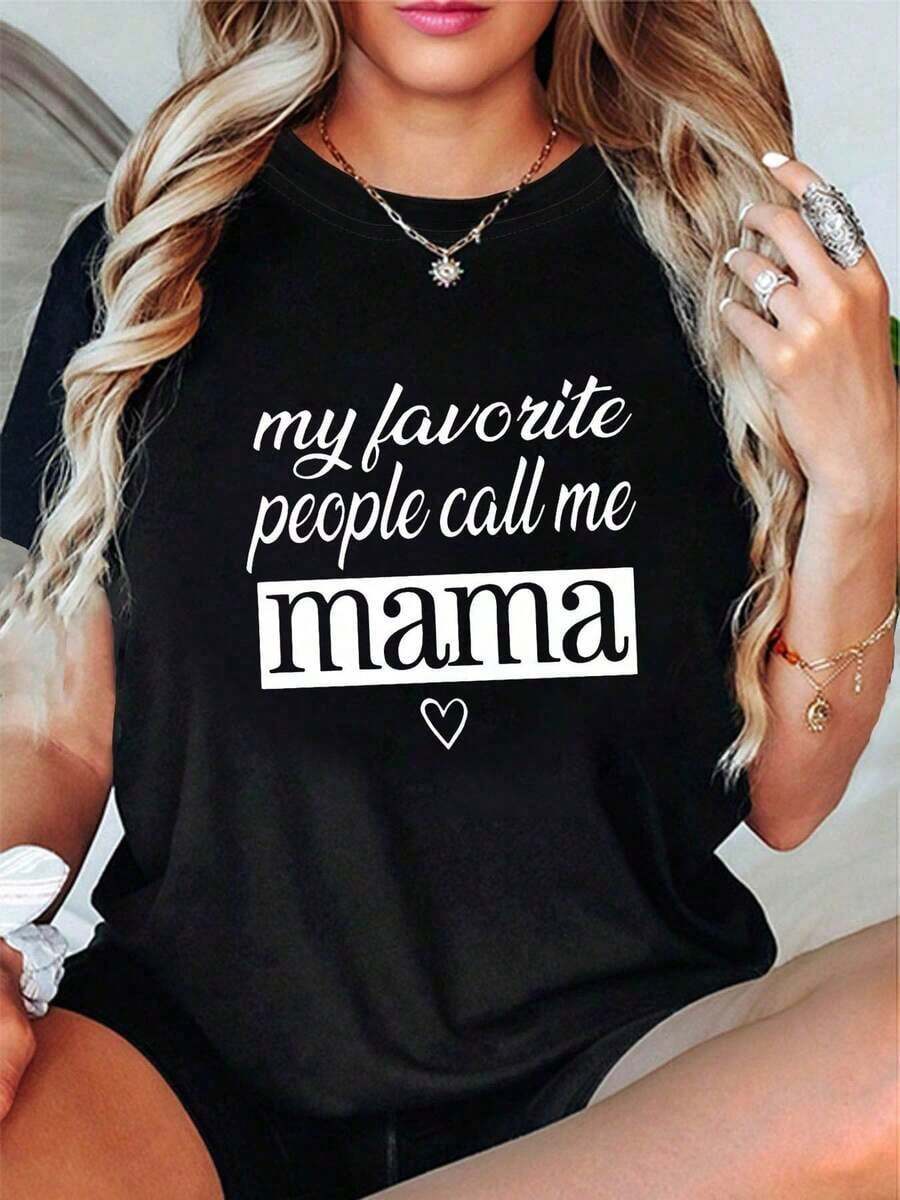 Vintage Cotton Women's Short Sleeve Crew Neck T-Shirt, % Cotton, With The Text "My Favorite People Call Me Mom", Printed For Mother's Day, For Spring And Summer. Graphic Tee - 黑色 - 查看 1