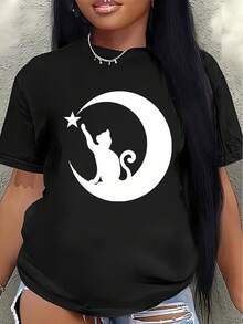 Polyester Short-Sleeved T-Shirt, Decorated With A Cat And Moon Design, Lightweight And Durable, Suitable For Home, Cafes, Or Casual Outdoor Wear. Women's Blouses > Clothing - 黑色 - 查看 7