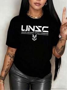 100% Cotton. UNSC Emblem With A Powerful Eagle Representing Courage. Women's T-Shirt Made From Soft And Breathable 100% Cotton, Ideal For Everyday Comfort And Style. Women's Simple Solid Color T-Shirt, Loose And Slim Fit, Casual Short Sleeve. - 黑色 - 查看 12