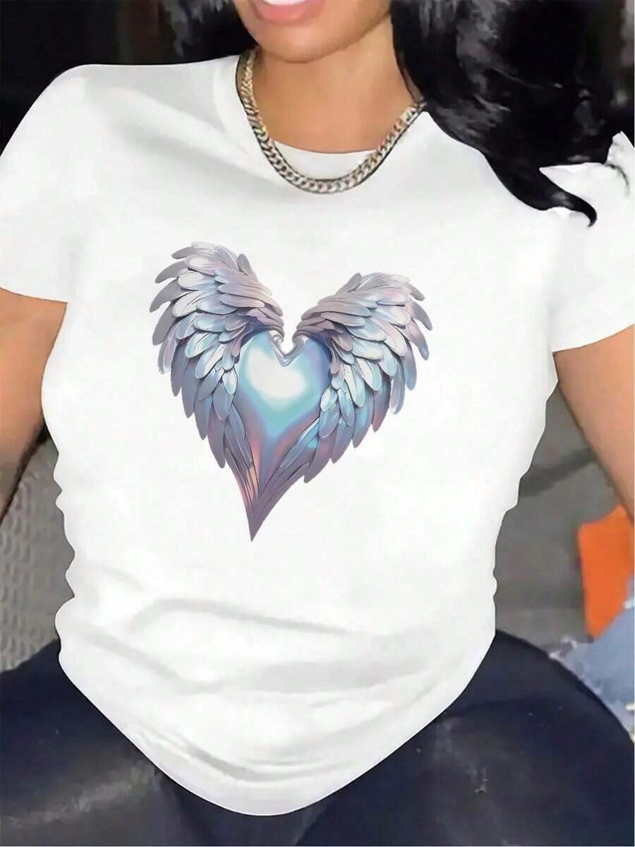 Women's Lightweight, Short-Sleeved Printed T-Shirt With A Heart And Angel Wing Design, Perfect For Lounging At Home, Going To Cafes, Or Enjoying Outdoor Activities. Comfortable And Durable, Ideal For Everyday Wear. Soft Fabric. Summer T-Shirt - 白色 - 查看 1