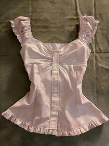 Blusa de mujer con volantes y rayas de solapa única - Rosa - Ver 6