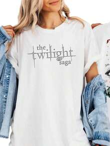 Camiseta de la saga de Crepúsculo con estampado frontal y trasero, camiseta de la serie de vampiros favorita de los fans, camiseta inspirada en libros y películas de fantasía, camiseta inspirada en la saga de Crepúsculo - Estilo urbano vintage, unisex, de algodón, manga corta, cuello redondo, blusas para mujer. blusas.blusas casuales para dama. - Blanco - Ver 2