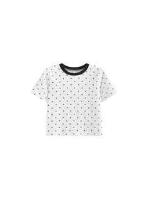Summer Korean Style Polka Dot Youthful Round Neck Contrast Color Regular Shoulder Slimming Versatile Short Sleeve T-Shirt Top White Casual - White - View 3