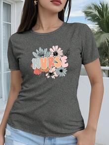Women's T-Shirt 100% Cotton, Short Sleeve, Regular Fit - Vibrant Design With Floral Nurse Print And 2D Geometric Drawing, Casual And Fun Style, Round Neck, Available In Multiple Colors And Sizes For All Seasons, Festive Fashion, Retro Aesthetic, Breathable Material, Fun. - 杏色 - 查看 11