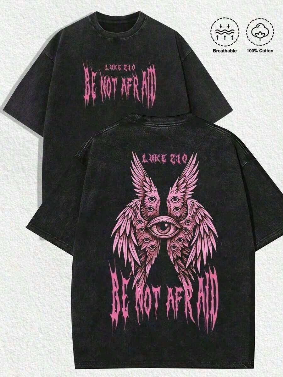 Camiseta para Hombre, 1 Pieza, Estampado "Retro Religioso-Gótico 'NO TENGA MIEDO' con Ilustración de Ángel Alado de Múltiples Ojos Rosa y Verso de Lucas 2:10", Camiseta Negra, Estética Vintage Desgastada, Ropa de Primavera/Verano para Hombres y Mujeres, Camiseta de Corte Regular, Ideal para Reuniones Navideñas y Religiosas-Góticas, Camiseta Casual para Uso Diario de Hombres y Mujeres, Son Excelentes Regalos para Entusiastas de la Fe y el Estilo Gótico, Camisetas 100% Algodón, Diseño Divertido y Atrevido, Camisetas Gráficas para Hombres, Camisetas Gráficas para Mujeres, Moda Urbana, Estilo Callejero, Eventos Góticos, Ocio Diario (Camiseta Retro Religiosa-Gótica Unisex, Opción Atractiva para Navidad) Camisetas Gráficas Holgadas y Cómodas, Cam - Negro - Ver 1