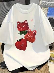 New Spring/Summer 2026 Collection: Women's Short Sleeve Off Shoulder T-Shirt, Korean Style, With Creative Prints Of Strawberries, Cats, Rabbits And Hearts, Cute And Sweet Style, Comfortable And Skin Friendly, Casual Top For Daily Wear. - 白色 - 查看 1