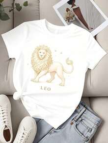 Women's Casual Loose Fit T-Shirt With Leo Zodiac Print, Ideal For Everyday Wear And Astrology Lovers - 白色 - 查看 2