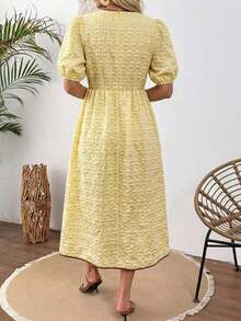 Versatile And Easy-To-Match Casual Dress With Striped Color Blocks And Bow Embellishment For Women - 黃色 - 查看 2