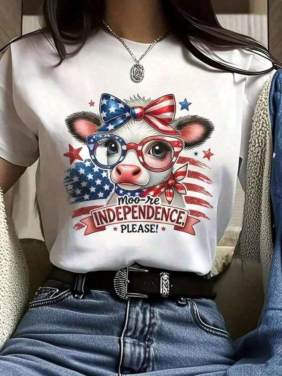 Vintage Women's Floral American Flag Bow Tie T-Shirt, 100% Cotton, Lightweight, Breathable, Crew Neck, 4th Of July Top - White - View 1