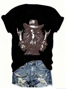 Women's Affordable Retro Cowboy Style T-Shirt, Rock, Western, With Cowgirl Silhouette Print, Casual Short Sleeve, Round Neck, Fitted For Summer - 黑色 - 查看 6
