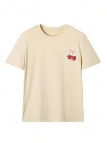 Camiseta de manga corta de mujer de estilo suelto, multifuncional, de cuello redondo, con estampado de cerezas, para uso diario, de estilo de vacaciones y ocio, nueva y simple para el verano. - Albaricoque - Ver 3