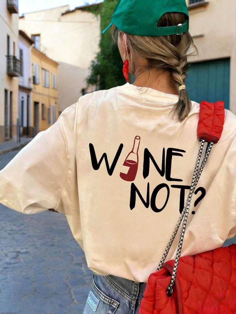 Nueva Camia de Verano para Mujer, Color Rojo Vino, con Estampado de Ilustraciones, Cuello Redondo, Manga Corta, Casual, Versátil y a la Moda, Blanca, Transpirable y Cómoda - ¿Dónde estás? - Ver 1