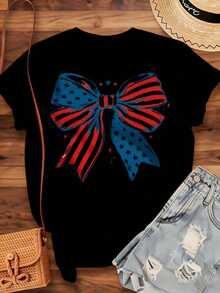 Women's Patriotic T-Shirt With American Flag Bow, 4th Of July Independence Day Celebration, Casual Summer Top, Red And Blue Star And Stripe Graphic Design For National Day Party, Women's T-Shirts - 黑色 - 查看 3