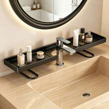1pc Bathroom Vanity Organizer Rack, Modern Luxury Minimalist Vanity Storage Shelf For Toiletries & Cosmetics, Wider U-Shaped Fits All Faucets, Thick Material, Strong Load Bearing, Durable, Hollow Design Prevents Water Accumulation, Suitable For Kitchen Sink And Bathroom Sink - Black - View 1