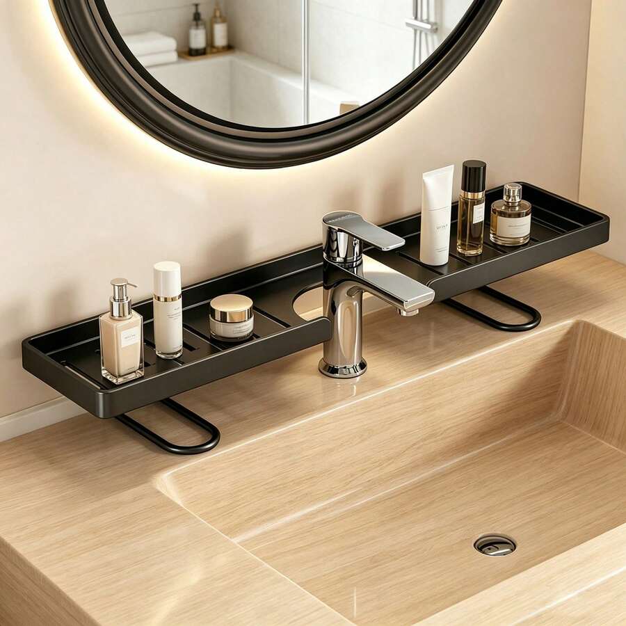 1pc Bathroom Vanity Organizer Rack, Modern Luxury Minimalist Vanity Storage Shelf For Toiletries & Cosmetics, Wider U-Shaped Fits All Faucets, Thick Material, Strong Load Bearing, Durable, Hollow Design Prevents Water Accumulation, Suitable For Kitchen Sink And Bathroom Sink - Black - View 1