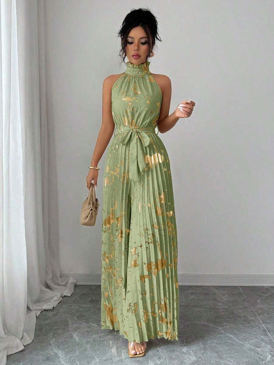Mono de pierna ancha elegante y romántico con cuello de volantes sin mangas para mujer, ideal para Halloween - Verde - Ver 1