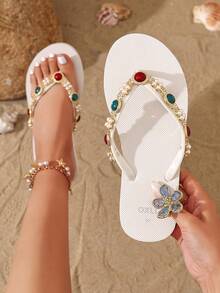 OXLL Original Design European & American Vintage Colorful Beaded Chain Flip Flops, Bohemian Style Soft Sole Beach Sandals, Summer Versatile Outdoor Wear - White - View 6
