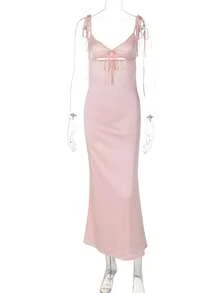 New Satin Maxi Dress, V-Neck With Drawstring, Sleeveless, Sensual Style - 粉色 - 查看 4