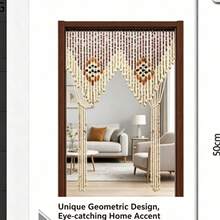Bohemian Style Natural Wood Short Beaded Curtain, Natural Wooden Material, Contrast Beaded Design, Home Entrance Hallway Privacy Screen Divider Curtain - Multicolor - View 3