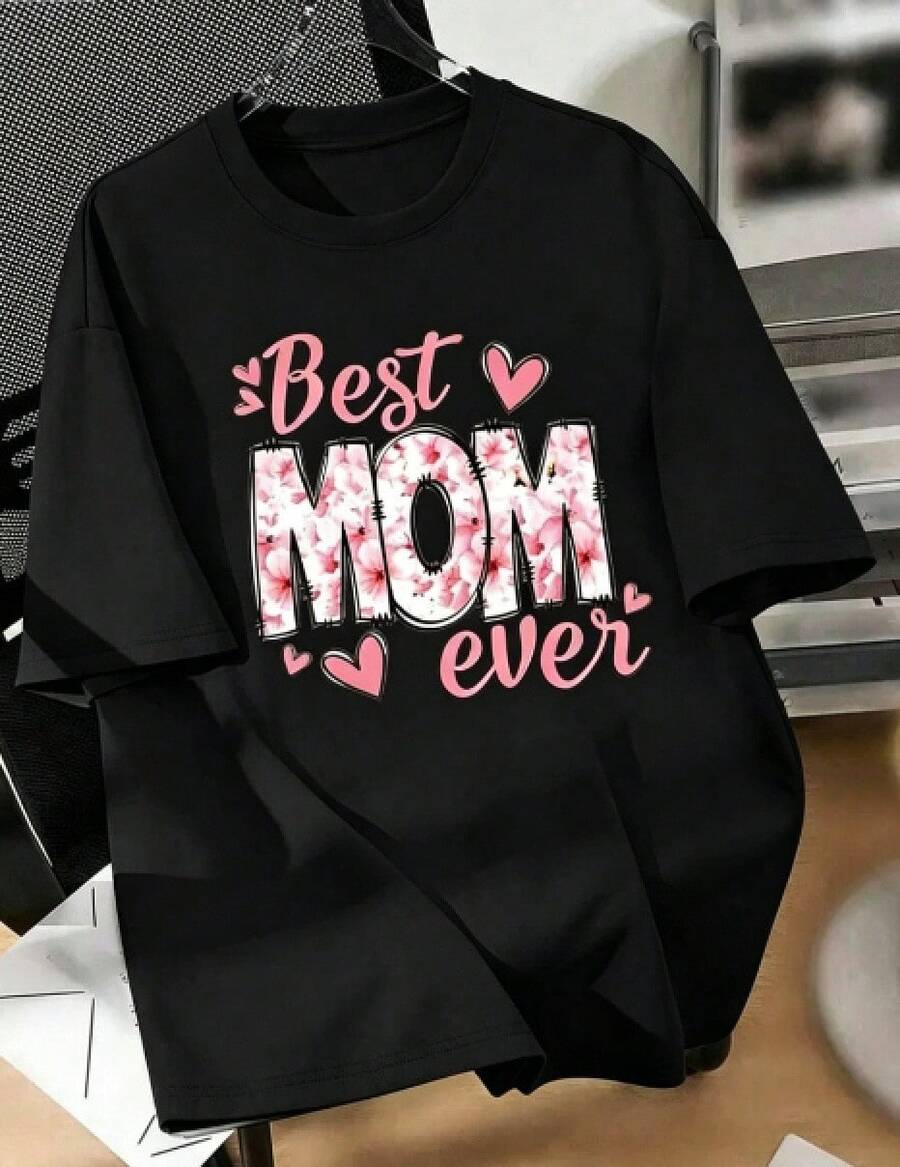 TrendyCotton Women's Casual Crew Neck T-Shirt With Best Mom Ever Print, Summer Knit, Plain Color, Regular Length, 180 G/M² - Comfortable Fit, % Cotton, Everyday Wear - 黑色 - 查看 1