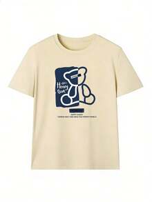 Blue And White Line Bear "Happy Bear" T-Shirt, Fashionable Short-Sleeved T-Shirt For Spring And Summer 2026, Made In Mexico, 180 Grams. Cartoon Print, Couple Design, Suitable For Indoor Or Outdoor Wear. Crew Neck, Unisex, Ideal For Office And Leisure. One-Pack. - APR-P631577SLNDXZGY648 - 查看 2