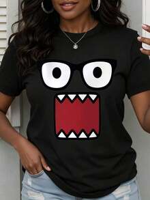 Limited Time Offer, Limited Quantity Available, Flash , Women's Shirts, Women's T-Shirts. Women's Fashionable T-Shirt With Cartoon Monster Face Design For Casual Wear And Everyday Outfits - 黑色 - 查看 2