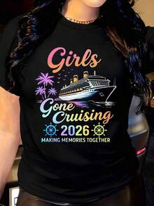 Camiseta de mujer "Girls Gone Cruising", camiseta de moda para crear recuerdos juntas, cuello redondo, manga corta, casual, adecuada para uso diario al aire libre, perfecta para todas las estaciones. - Negro - Ver 10