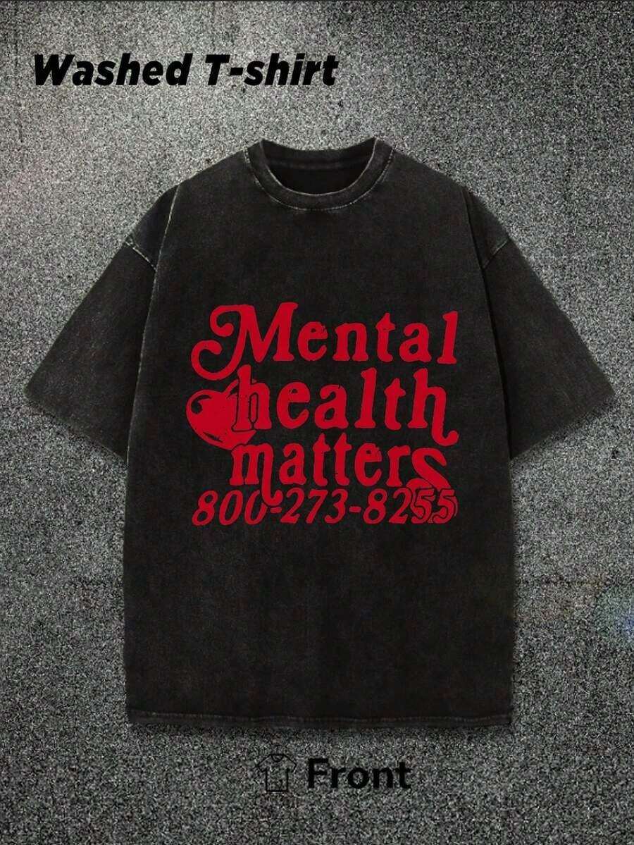 Awareness Design On The Importance Of Mental Health For Men And Women. Men's Short-Sleeved T-Shirts, Washed And Worn, 230g 100% Pure Cotton, Men's Summer Clothing. - 黑色 - 查看 1