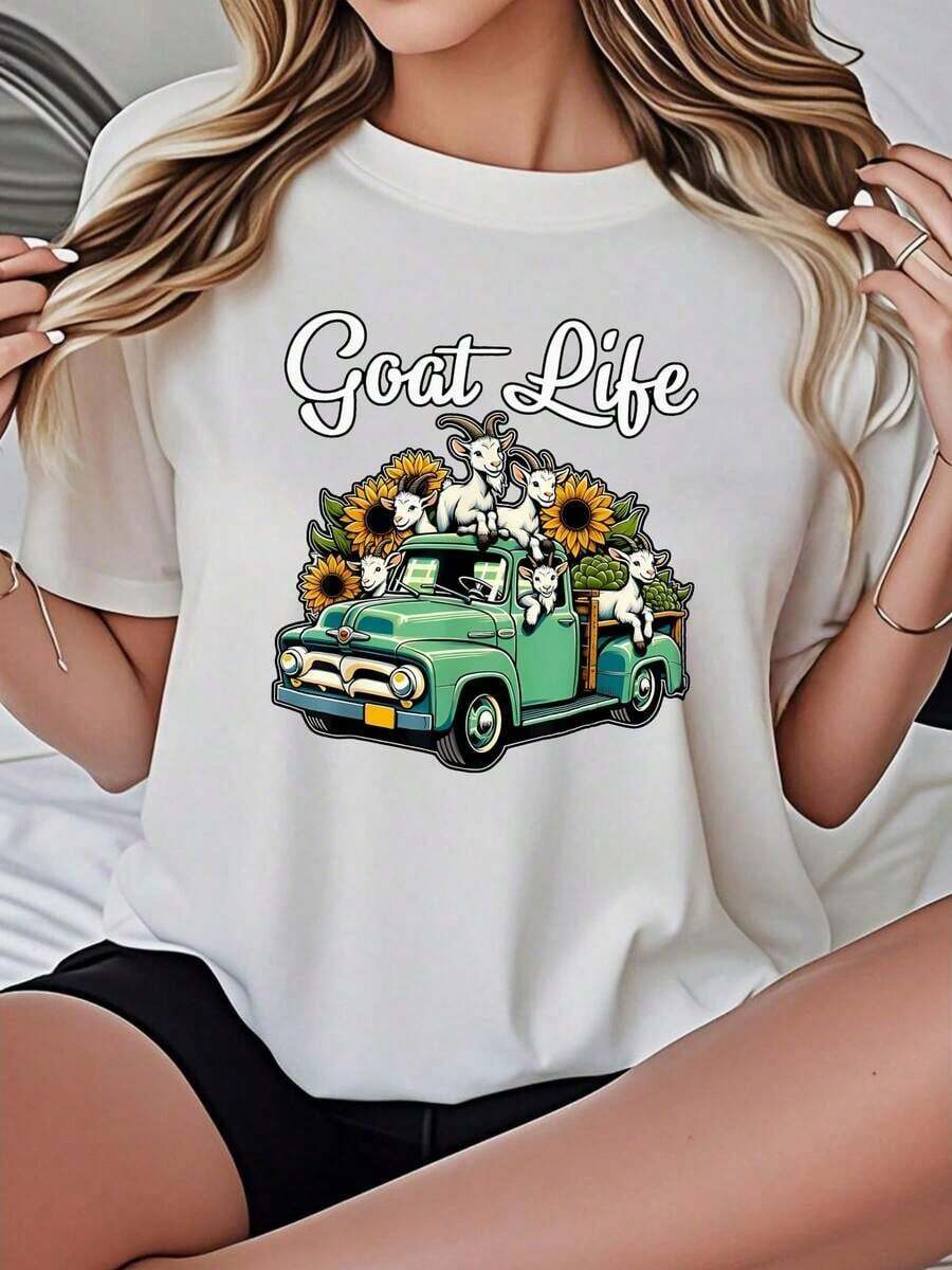 Camiseta Casual de Verano para MujerInformalSueltoAjusteNegroBlancoOpcionesCabraVidaImprimirConVintageCamiónYGirasolesGráficoTeeVeranoTopsMujeresLindoDiarioRopaCamisasVeranoTopsGráficoCamisetasVeranoConjuntos de ropaMujeresGráficoCamisetasMujeresCultivoTopsTopsMujeresVintageAlgodónLindoRopaMujeres - Blanco - Ver 1