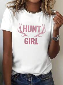Camiseta de manga corta con estampado de asta de ciervo 2026, cuello redondo, estilo casual, para mujer, primavera/verano. - Blanco - Ver 1