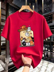 Camiseta Deportiva para Hombre - Diseño con Estampado de Gato y Encanto Maneki-Neko, de Secado Rápido, Manga Corta, Cuello Redondo, Casual, para Amantes del Té Boba y Fanáticos del Anime. Camiseta Relajada Adecuada como regalo. playera de mujer. blusas>elegantes. boho chic,Top de mujer suave, transpirable y cómodo, ideal para primavera, verano y otoño, perfecto para vacaciones, viajes y uso diario. - Rojo - Ver 6