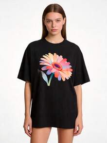 Camiseta premium de talla grande para mujer, tallas S-2XL, de manga corta, cuello redondo, corte holgado, de color sólido y con estampado floral colorido. Ideal para conjuntos familiares a juego, para usar en primavera y verano, un regalo para mamá, para el Día de la Madre, uso casual diario (lavable a máquina), ecológica. - Negro - Ver 8