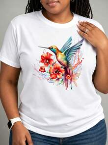 Camiseta Estampada para Mujer - Camiseta Casual de Manga Corta y Cuello Redondo en Color Blanco con Vibrante Diseño Multicolor de Colibrí. Con un Corte Relajado para Todas las Estaciones, Perfecta para el Uso Diario y Atuendos de Vacaciones (Lavable aáquina). - Blanco - Ver 7