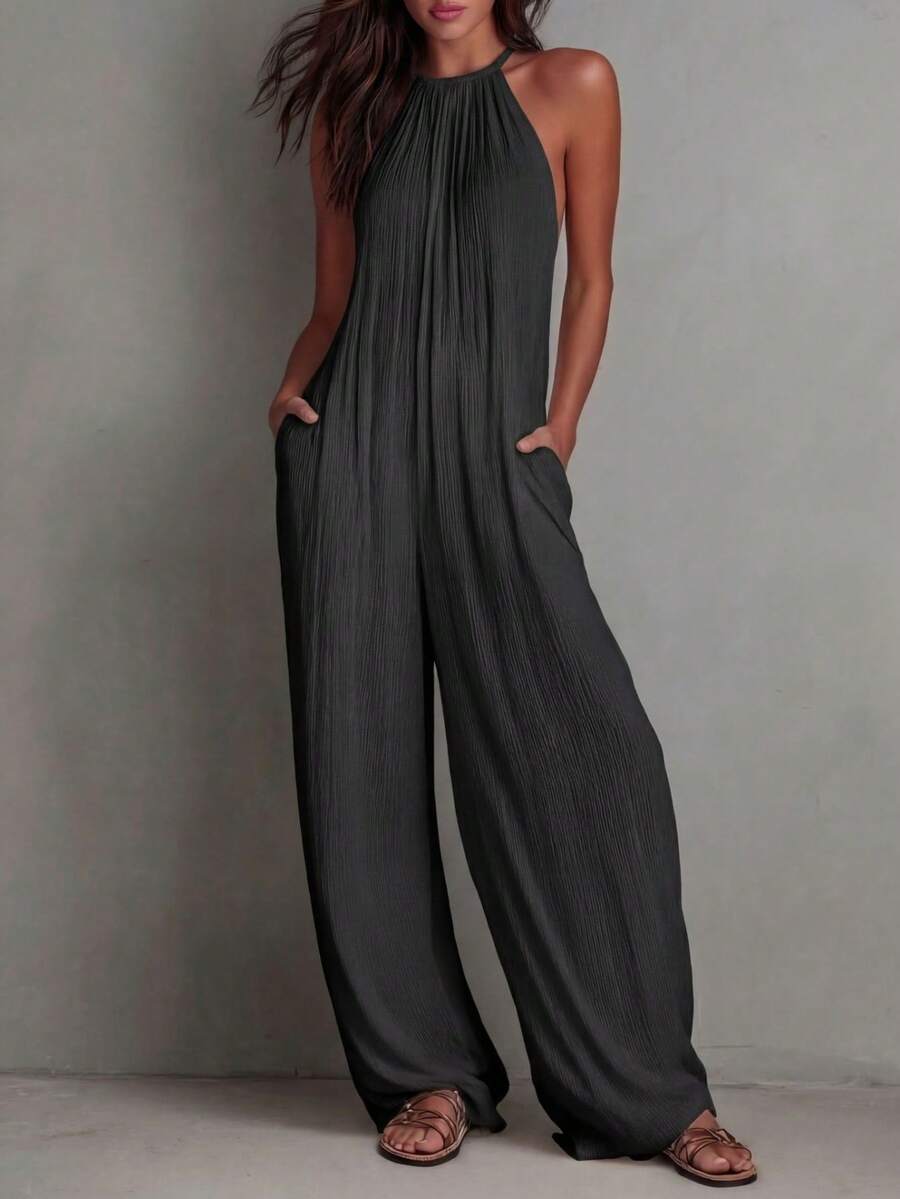 White Wide-Leg Jumpsuit With Pleats And Open Back, Perfect For A Holiday Look. - Black - View 1
