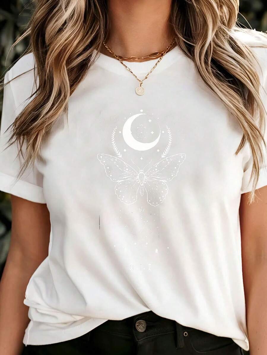 Camiseta negra de cuello redondo, estampada con motivos de luna y mariposas, adecuada para uso casual. - Blanco - Ver 1
