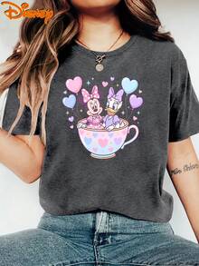 Women'S Disney Short Sleeve Cute Cartoon Minnie Mouse And Daisy Friends Castle Parade Double-Sided Print Round Neck Summer Plus Size T-Shirt Suitable For Spring, Summer, And Autumn - 深灰色 - 查看 2