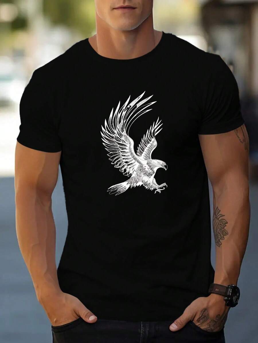 Camiseta de manga corta para hombre con estampado de águila, camiseta de verano - Negro - Ver 1